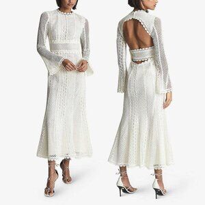 NWT Reiss Aspen Heavy Lace Midi Dress Sz 8 in White Bell Sleeves Cut-out Back
